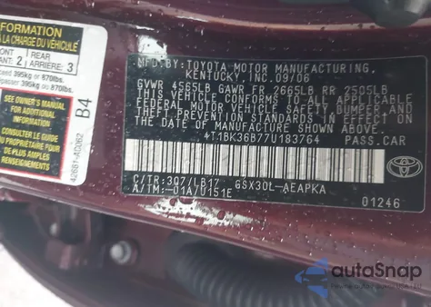 2007 Toyota Avalon Limited из США, поврежденный, VIN 4T1BK36B77U183764